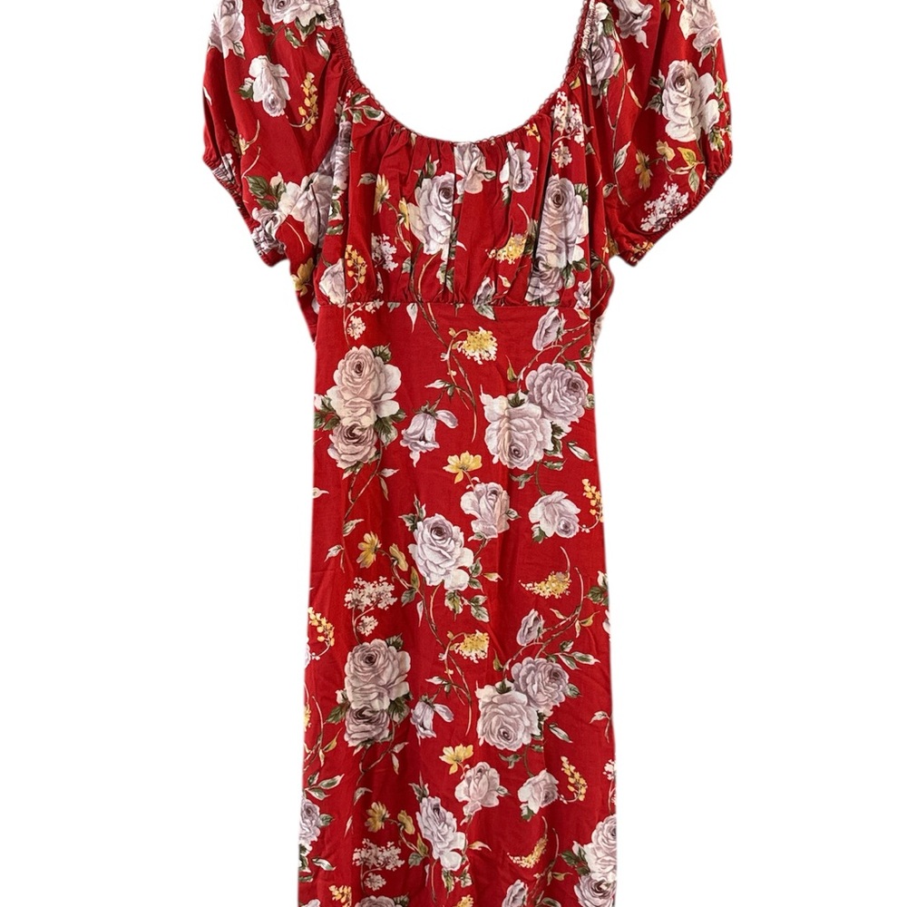 Red floral Dress with Puff Sleeves Size‎ L. Cut out in back Midi length.